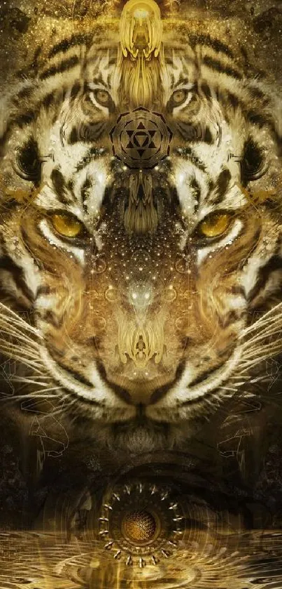 Majestic tiger in golden abstract art design for mobile wallpaper.