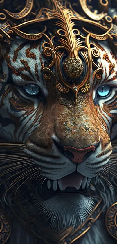 Majestic tiger with golden patterns on dark blue background