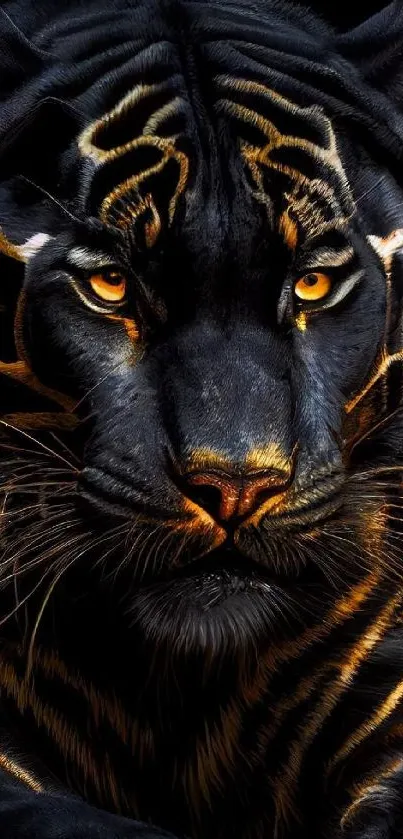 Close-up of a majestic tiger with vibrant orange and black stripes, intense gaze.