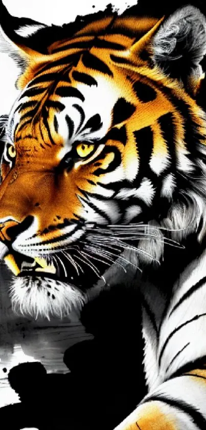 Majestic tiger portrait with black ink splash background in vivid colors.