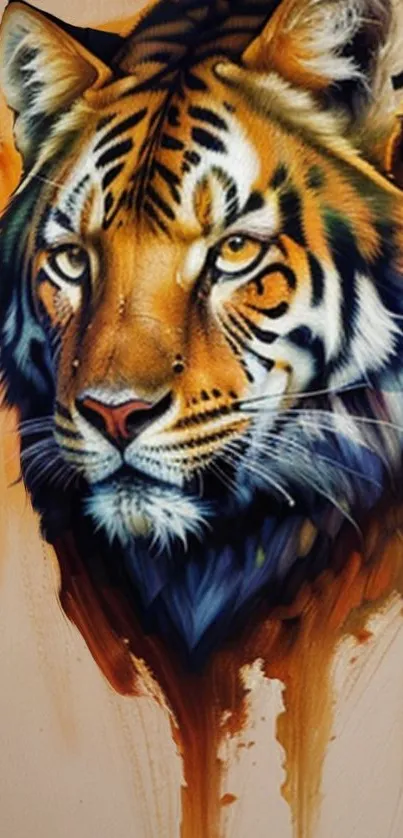 Artistic wallpaper featuring a majestic tiger with vibrant orange and earthy tones.