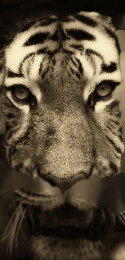 Sepia-toned close-up of a tiger's face with intense eyes.