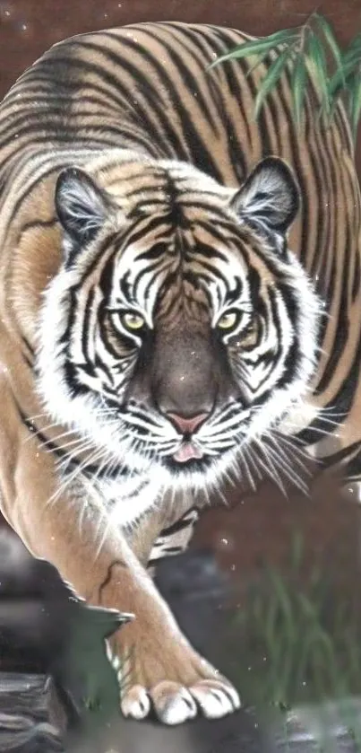 Artistic depiction of a tiger walking through nature on a brown background.