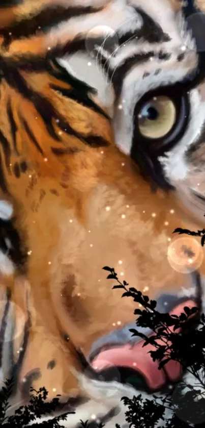 Artistic depiction of a tiger's face in a mystical setting.