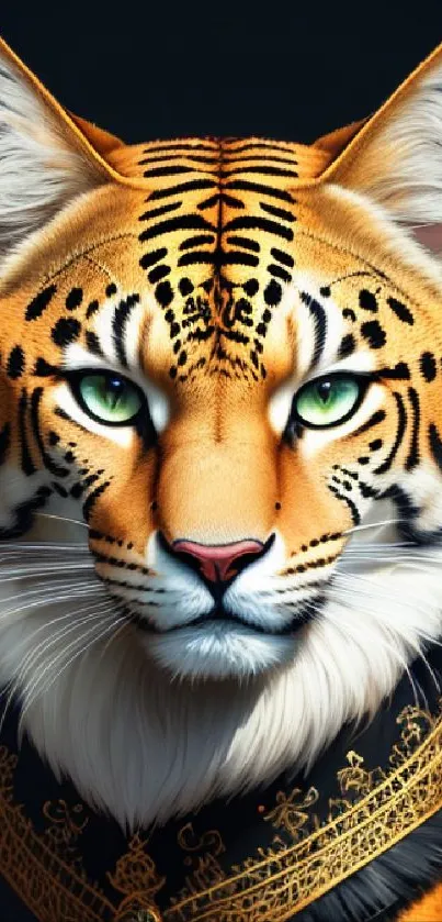 Majestic tiger with golden details and green eyes in a mobile wallpaper design.