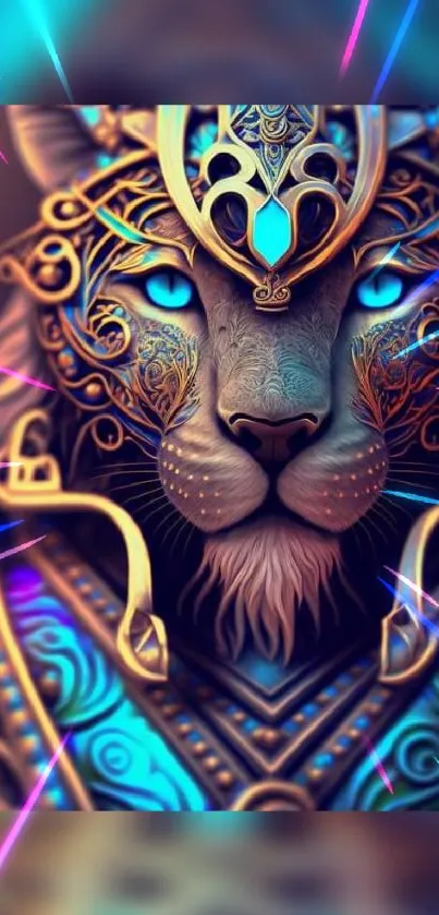 Majestic tiger with intricate blue armor and glowing accents.