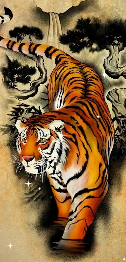 Majestic tiger in colorful artistic design with nature background.