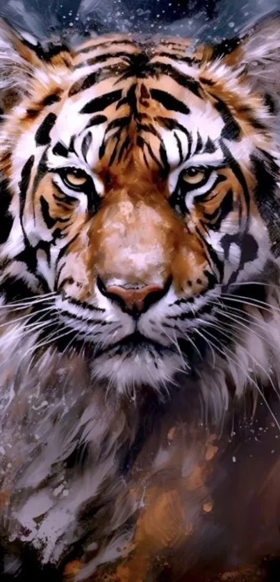 Artistic tiger portrait with orange and black hues, showcasing wild beauty.