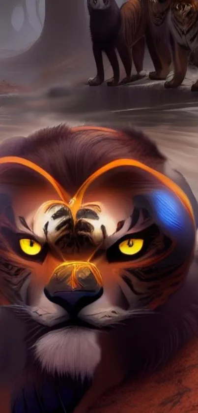 Majestic digital art of a tiger with glowing eyes and vivid colors.