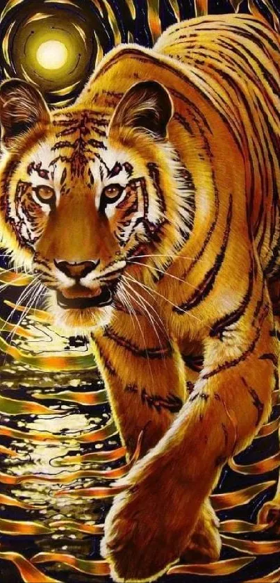 Majestic tiger with vibrant swirling patterns in orange tones.