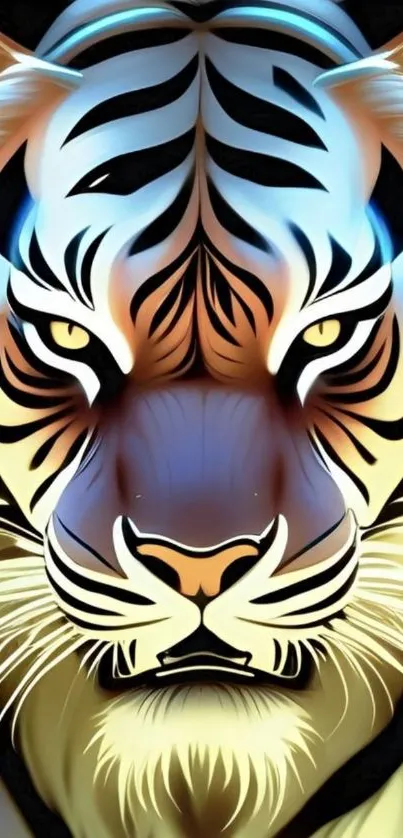 Artistic depiction of a tiger face in vibrant colors.