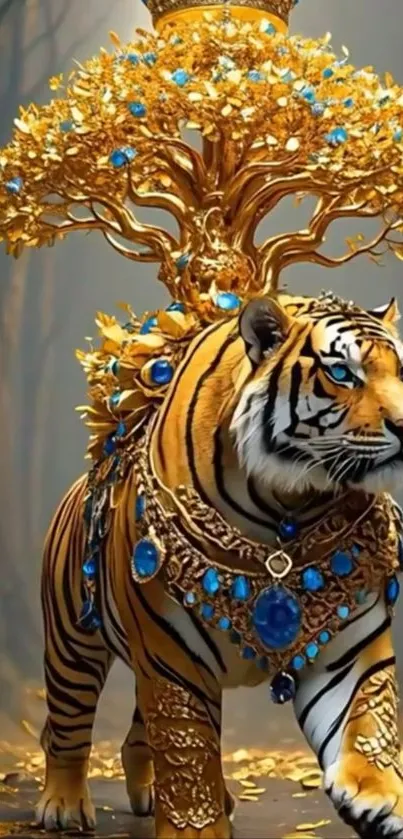 Tiger with golden ornaments and blue jewels in fantasy setting.
