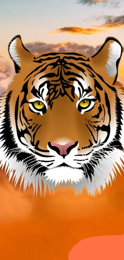 Majestic tiger face on orange background wallpaper.