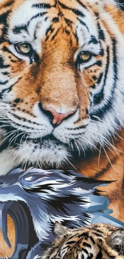 Artistic tiger portrait wallpaper with vibrant orange hues.