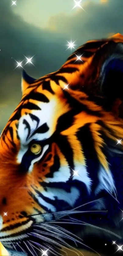 A majestic tiger prowls gracefully against a vivid sunset backdrop.