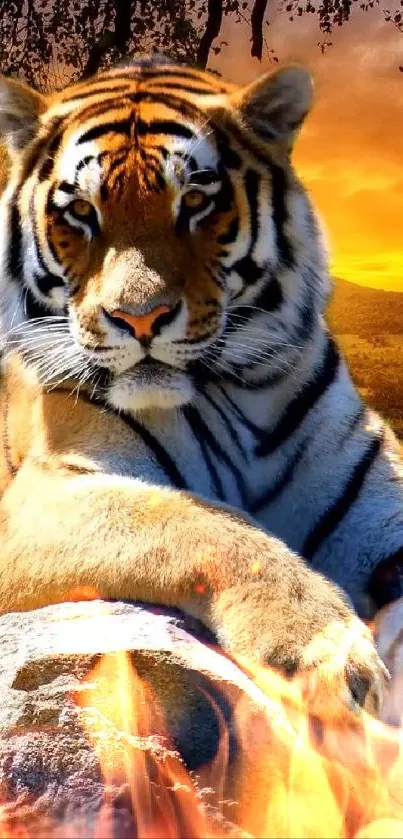 Majestic tiger resting by a rock during a vibrant sunset scene.