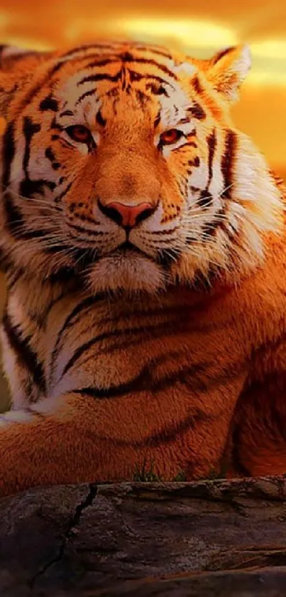 Majestic tiger resting at sunset by a serene water backdrop.