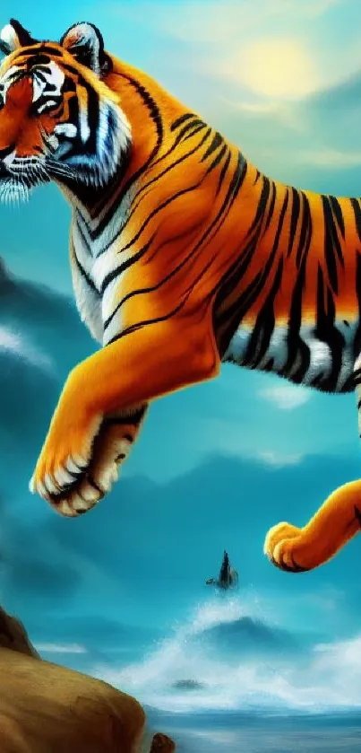 A majestic tiger leaping by the ocean with a vibrant blue sky background.