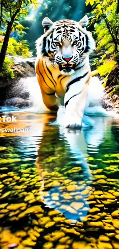 Majestic tiger crossing a river in the forest scenery