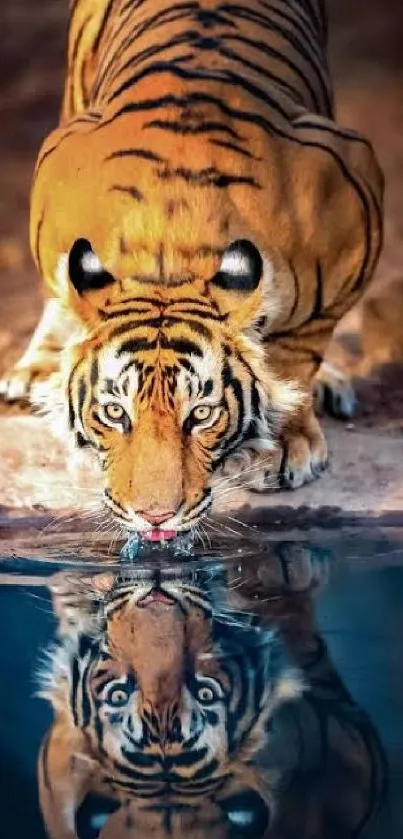 Tiger drinking from a pool with vibrant reflection.