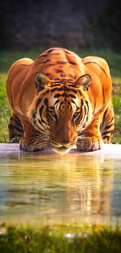 A majestic tiger drinks from a tranquil pond, showcasing nature's beauty.