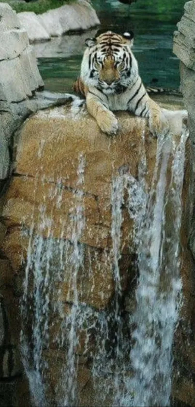 Tiger resting above a stunning waterfall landscape.