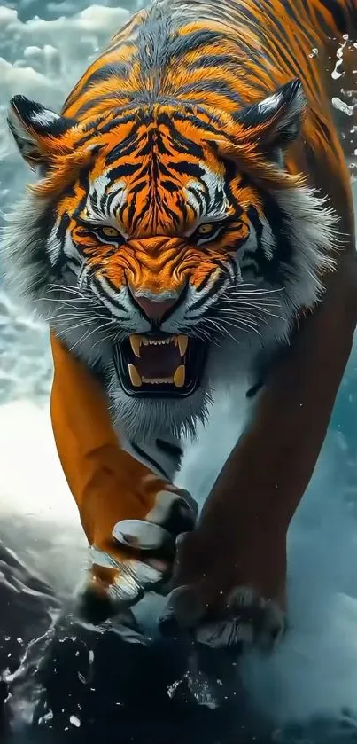 Fierce tiger charging through water in a vivid scene.