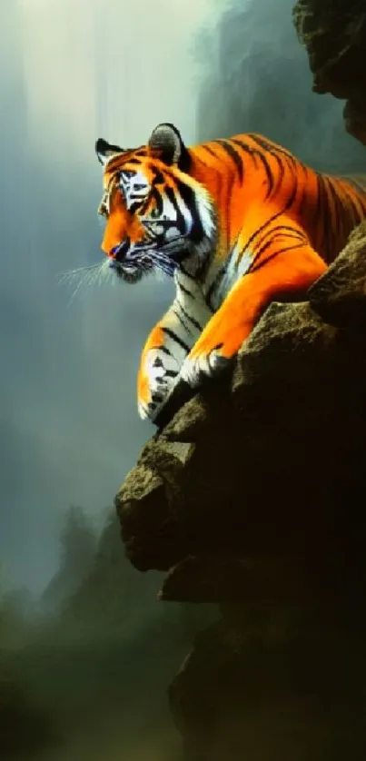 Majestic tiger on cliff with misty forest background.