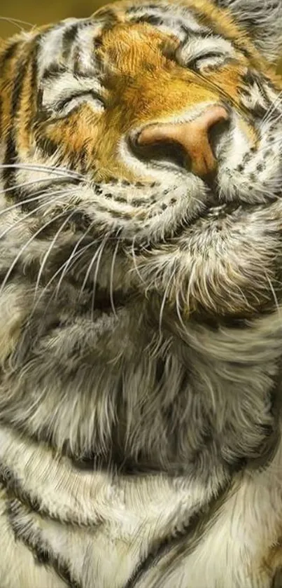 Realistic tiger artwork with serene expression in golden hues.