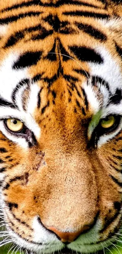 Close-up of a Bengal tiger with vibrant orange fur and piercing eyes.