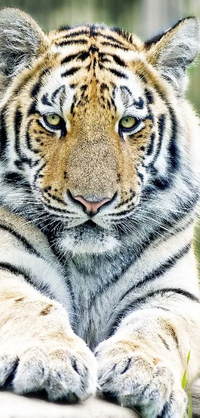 Close-up image of a tiger lying down, showcasing its majestic features.