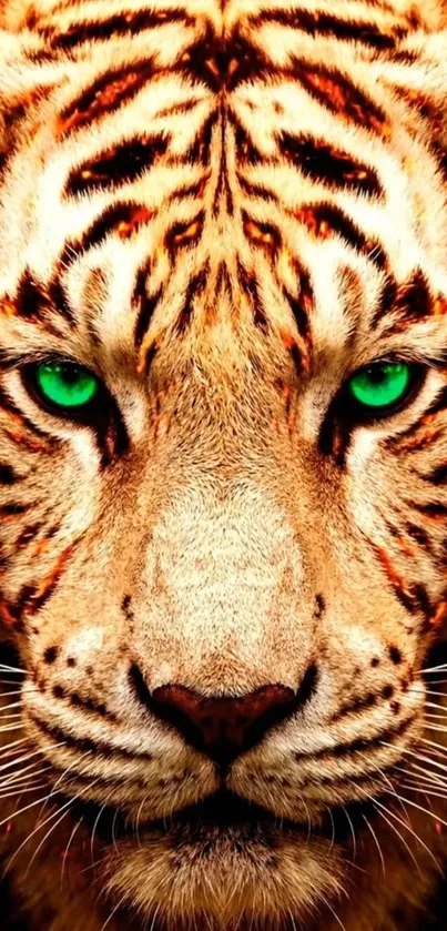 Close-up of a majestic tiger with striking green eyes.