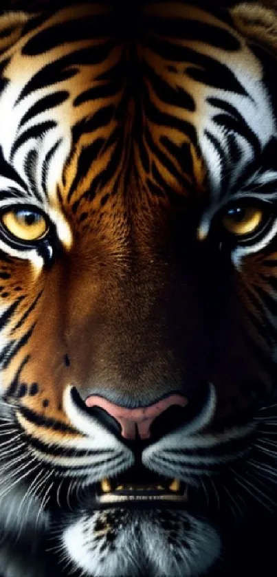 Close-up of a majestic tiger's face on a mobile wallpaper.