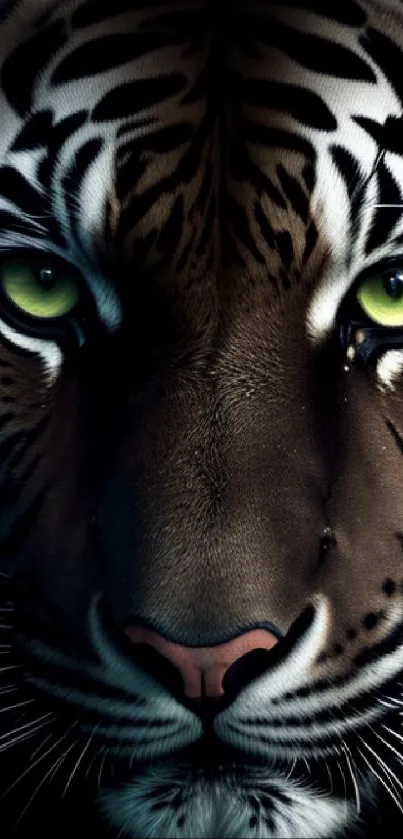 Close-up of a majestic tiger with green eyes and detailed stripes.