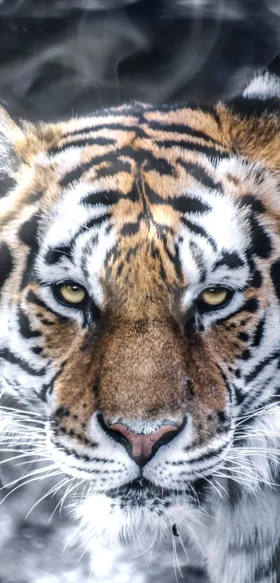 Close-up of a majestic tiger's face with striking orange and black patterns.