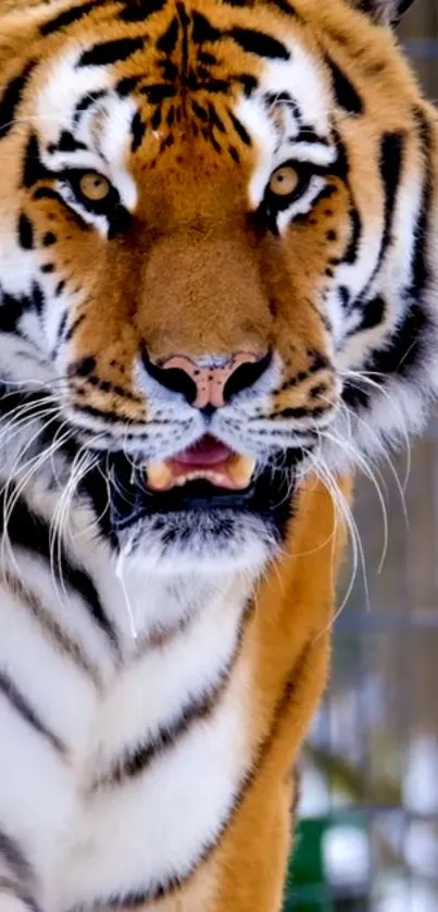 Close-up of a majestic tiger with striking stripes and intense eyes.