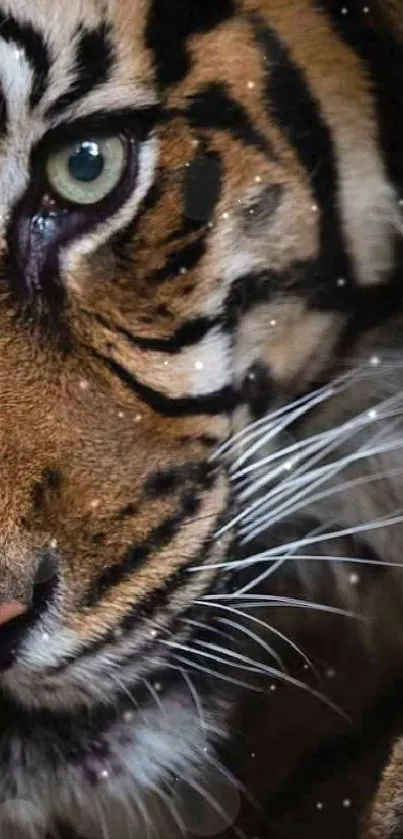 Close-up of a tiger's face, showcasing its intense gaze and detailed stripes.