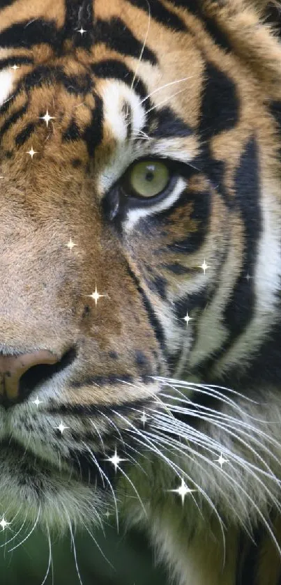 Close-up of a majestic tiger with striking stripes in a lush green background.