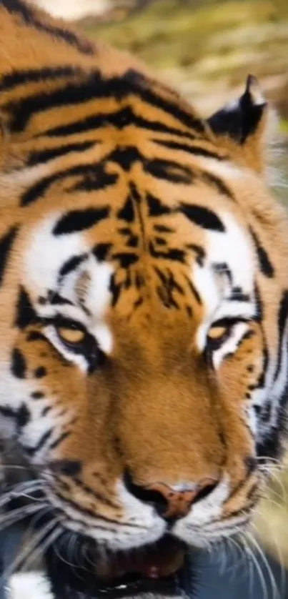 Close-up of a majestic Bengal tiger with orange and black stripes.