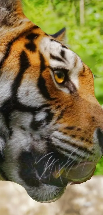Close-up of a tiger with lush green background.