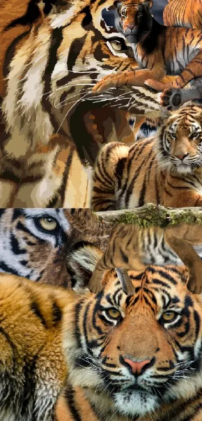 Collage of majestic tigers in varied artistic styles for mobile wallpaper.