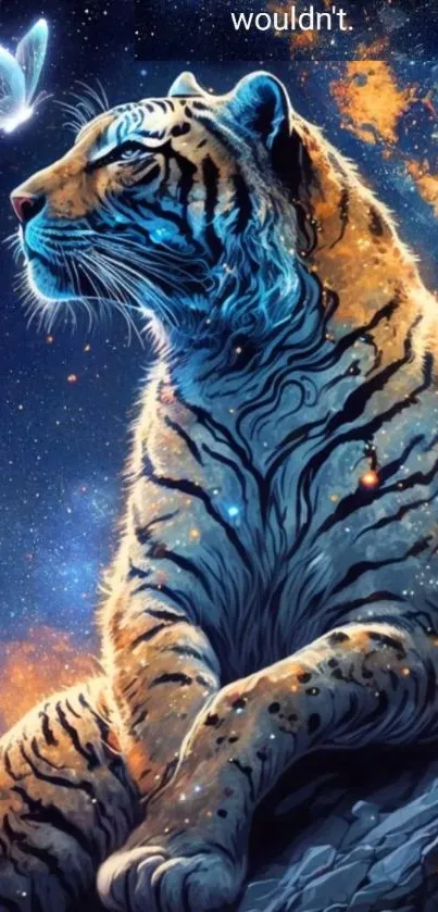 Majestic tiger with butterfly in cosmic art.