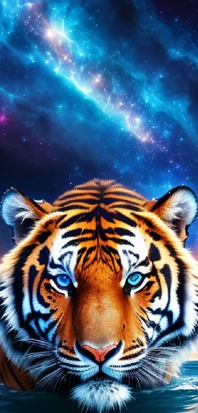 Tiger under a cosmic night sky with vibrant colors and blue hues.