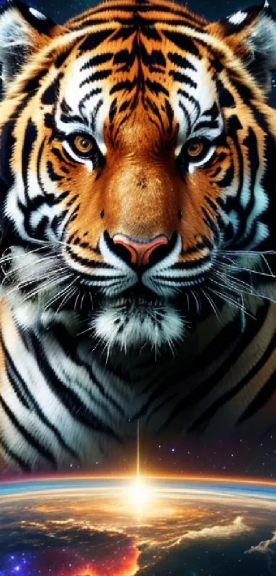 Majestic tiger with cosmic background wallpaper.