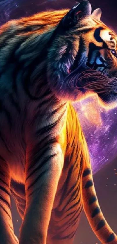 Majestic tiger with cosmic background and vibrant colors.