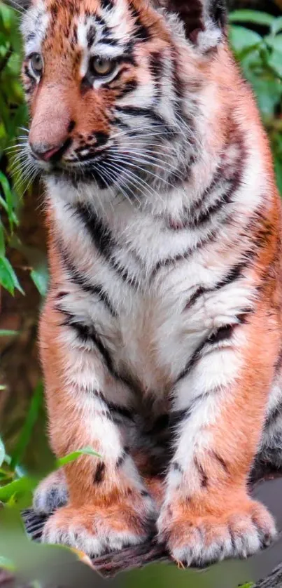 Majestic tiger cub sitting amidst green foliage, showcasing its orange fur and stripes.