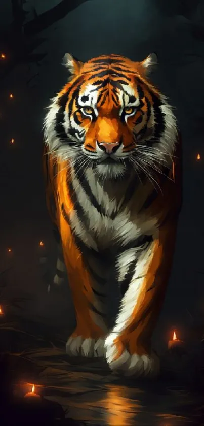 Majestic tiger walking through a dark forest with glowing lights.