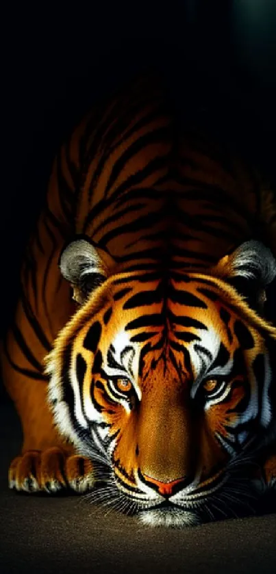 Majestic tiger with piercing eyes in a dramatic dark-themed background.