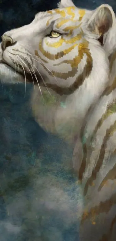 Majestic white tiger on dark blue background, digital art.