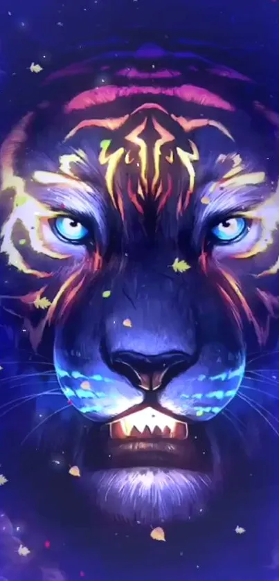 Digital art of a majestic tiger with glowing blue elements and vibrant details.